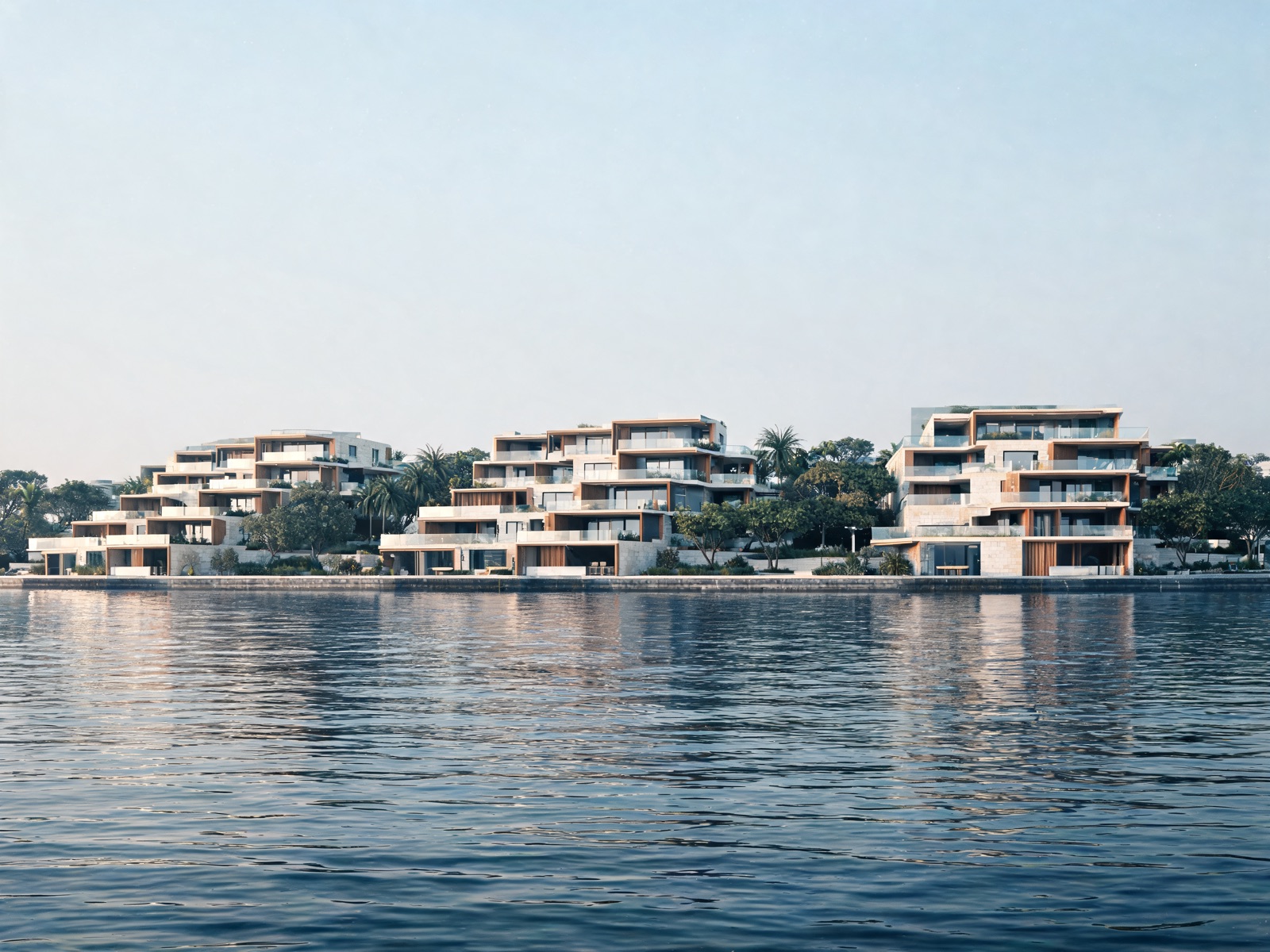 Waterfront residences with stepped terraces seen from the water